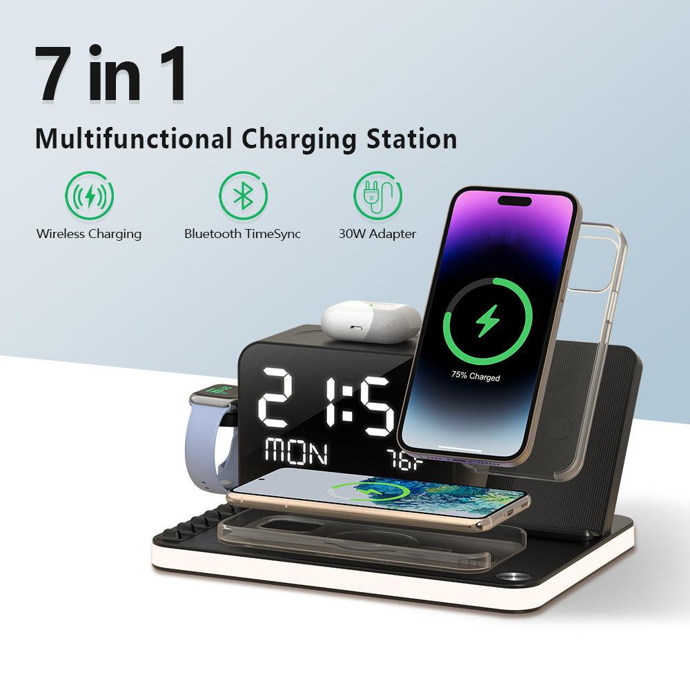 7-in-1 Multifunctional Wireless Charging Station Touch Night Light Week Temperature