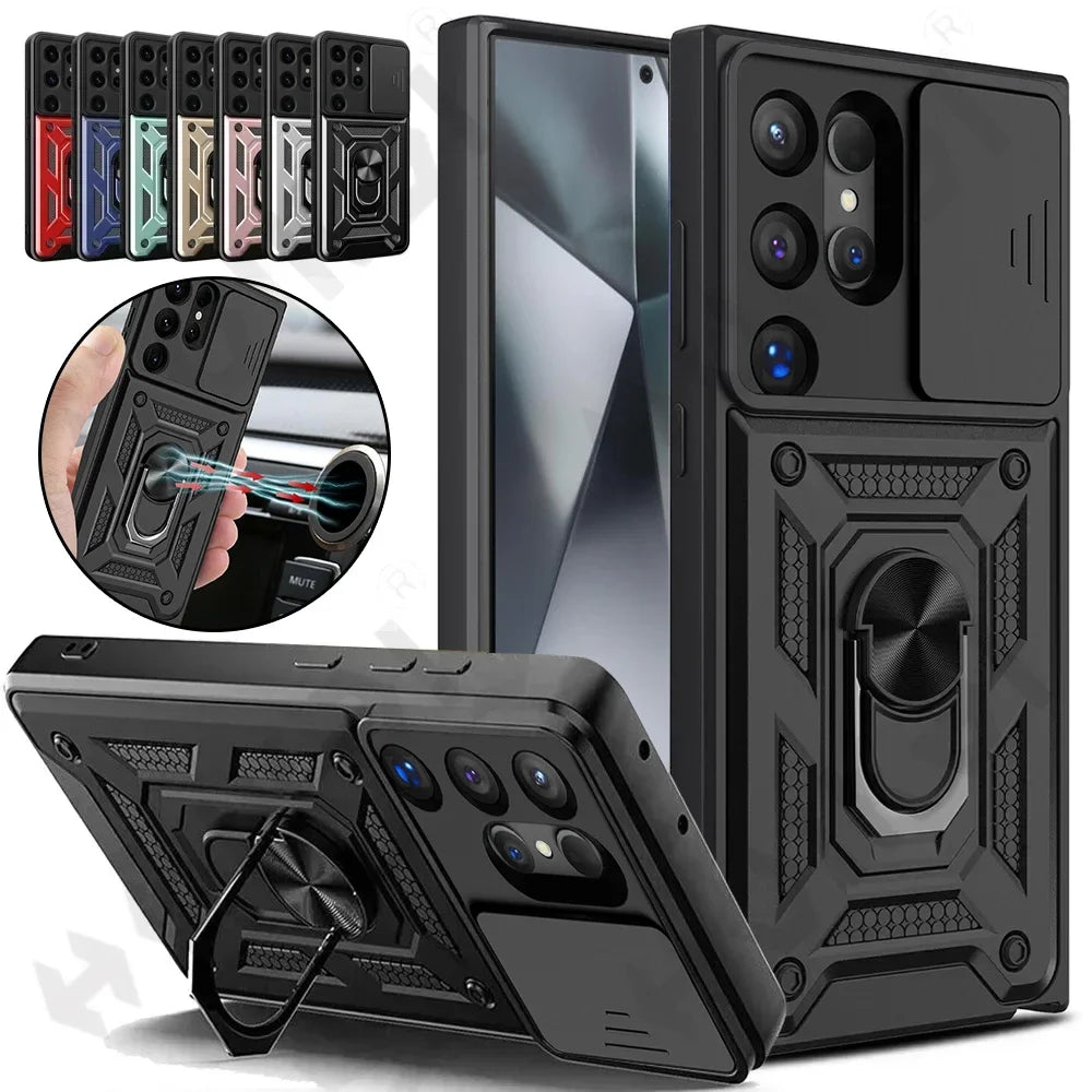 Case For Samsung S25 S24 S23 S22 Ultra S21 S20 FE Galaxy Camera Lens Cover Phone Ring Stand Armor rotate Cover