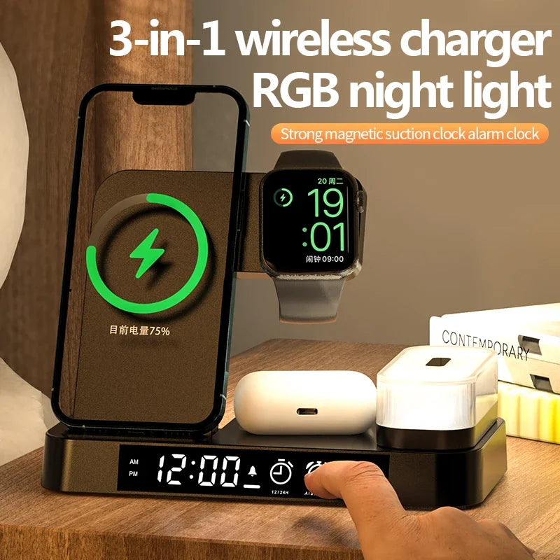 30W 3 In 1 Wireless Charger Stand Pad Alarm Clock Night Light Fast Charging Station Dock for Samsung Galaxy Watch