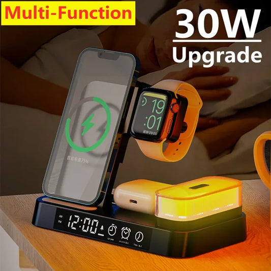 30W 3 In 1 Wireless Charger Stand Pad Alarm Clock Night Light Fast Charging Station Dock for Samsung Galaxy Watch