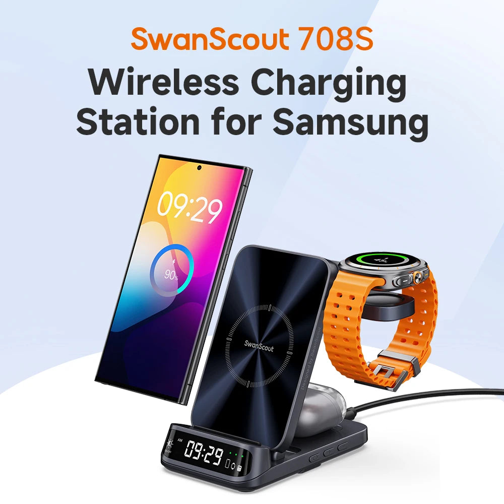 SwanScout 708S Charging Station for Samsung S25 S24 Ultra S23 Z Flip Fold Wireless Charger for Galaxy Watch 7 for Galaxy Buds 3